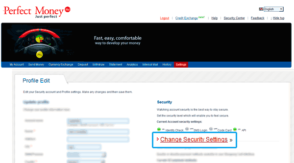 Perfect Money Settings - Change Security Settings
