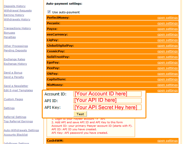 HYIP Manager Pro - Enter Payeer API settings